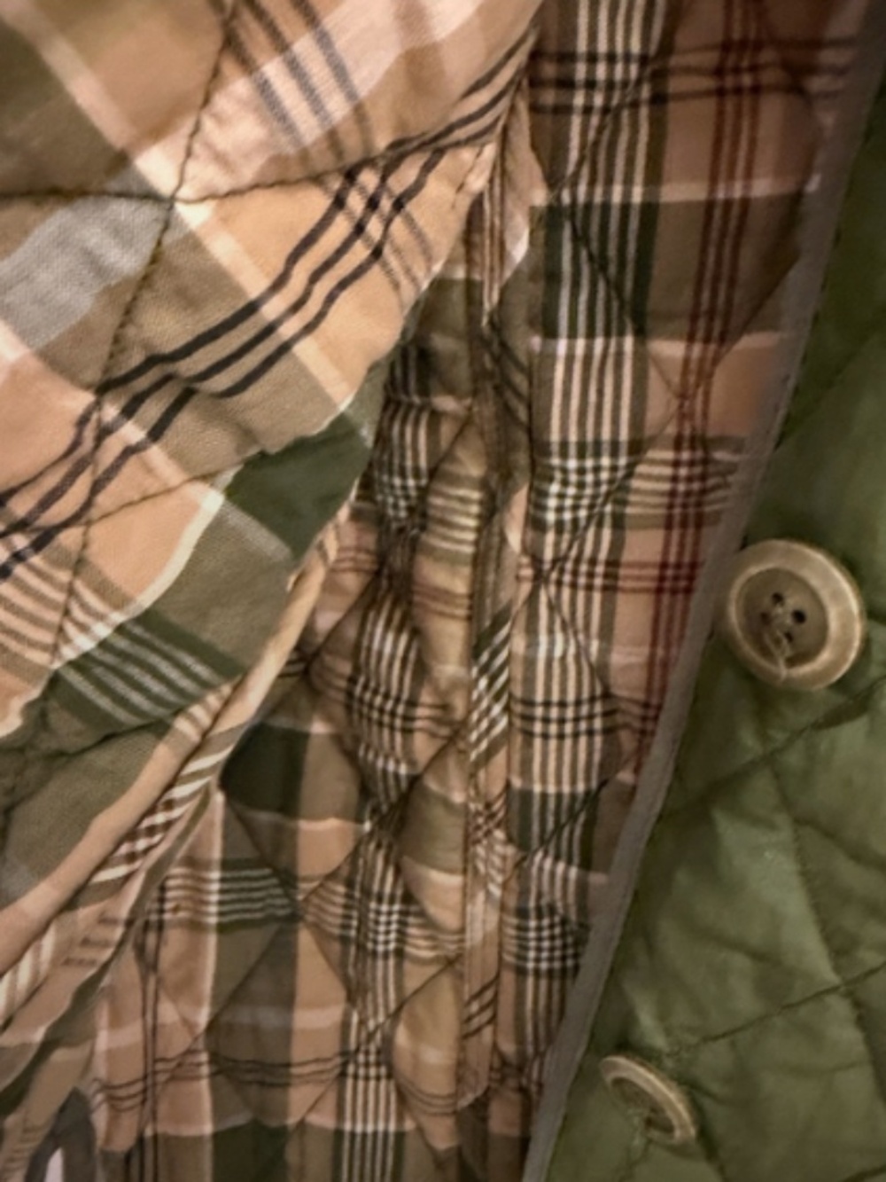 XS Petite L.L. Bean Quilted Puffer Jacket with Plaid Cuff Trim, Olive Green - Picture 3 of 4